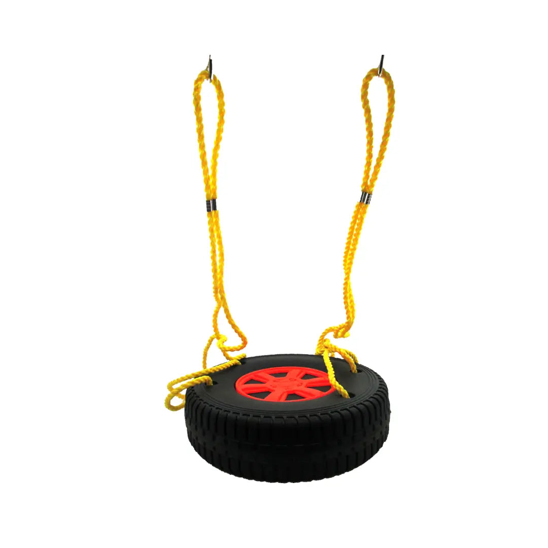 This tire swing features smooth surfaces and rounded corners