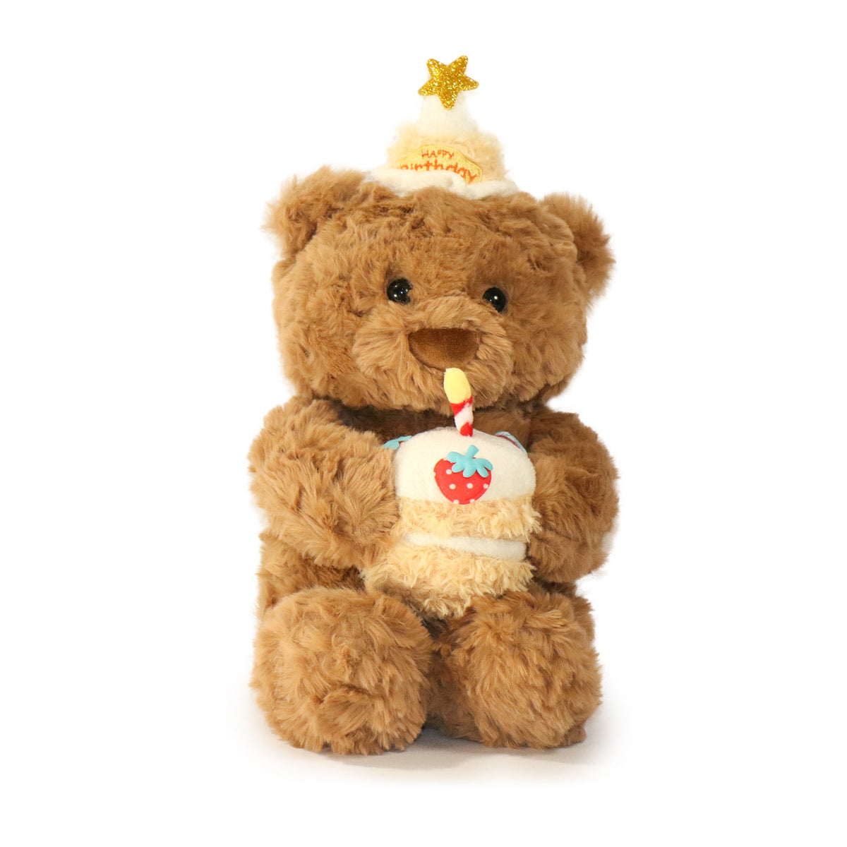 Plush teddy bear with a birthday cake and candle on a white background
