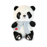 Plush panda toy with a gray scarf and red heart on a white background
