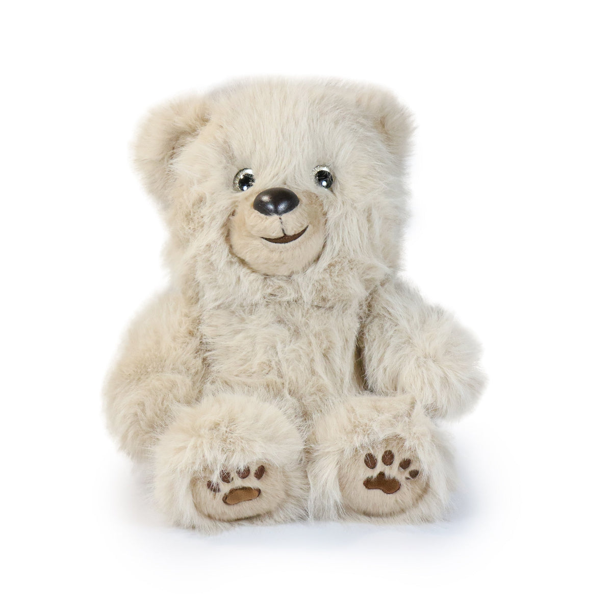 Plush teddy bear with paw prints on a white background