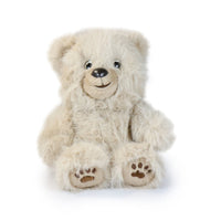 Plush teddy bear with paw prints on a white background