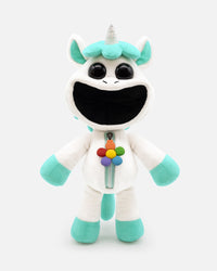 Plush toy unicorn with a colorful flower on a white background