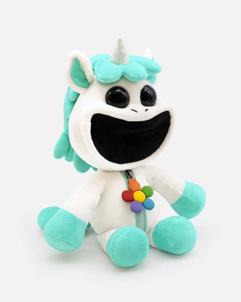 Plush toy unicorn with a rainbow-colored flower on a white background