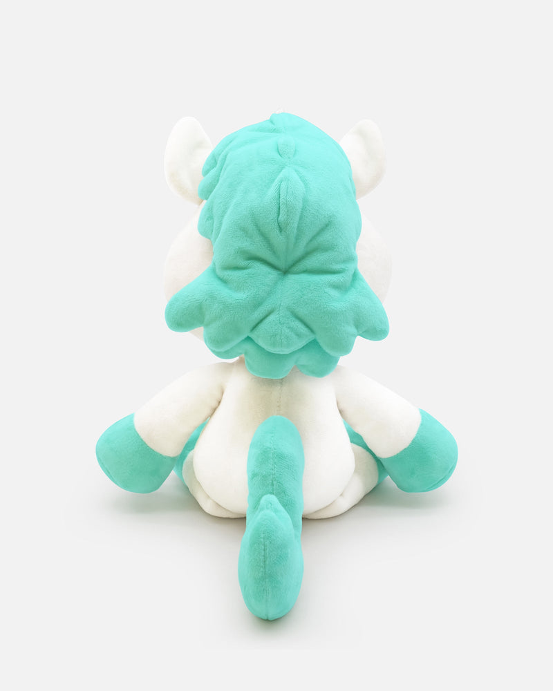 Plush toy with turquoise hood and feet on a white background