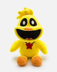 Yellow plush toy with a red star on a white background