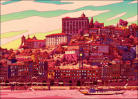 Illustration of a cityscape with buildings on a hillside and a river.