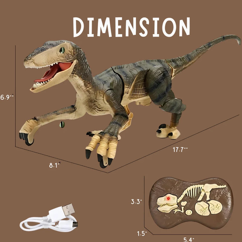 Dimensions of RC dinosaur toy with USB charging capability and fossil-shaped controller size