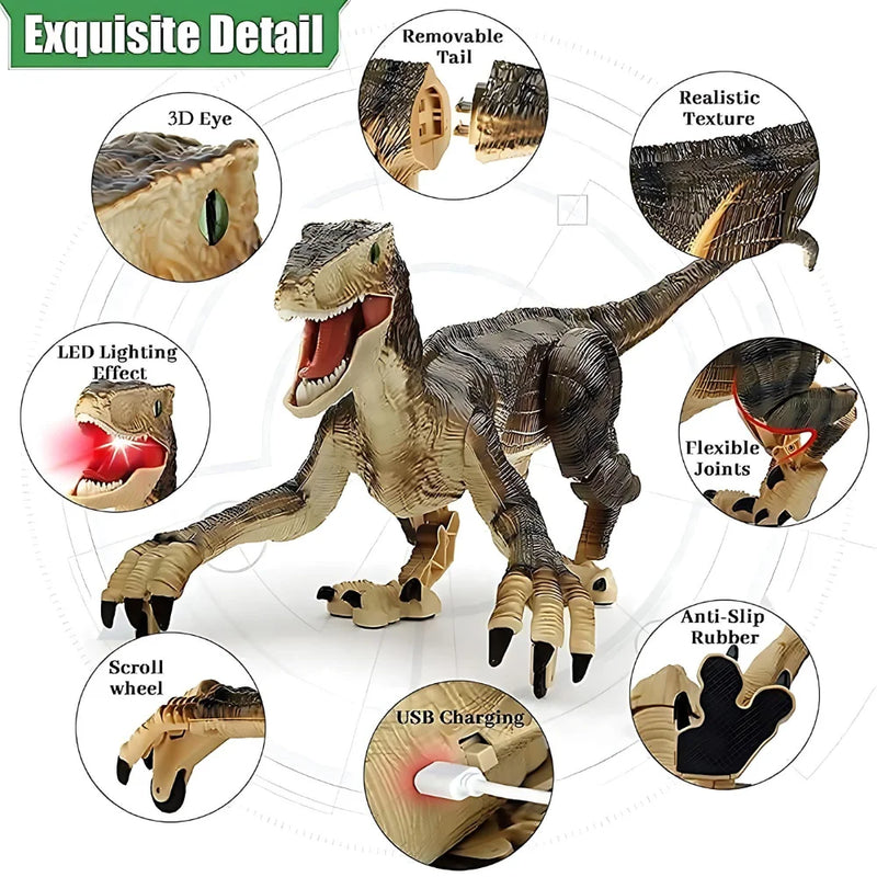 Detailed RC dinosaur toy featuring 3D eyes, realistic texture, flexible joints, LED lighting effects, and USB charging