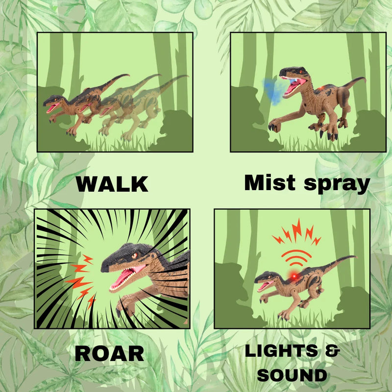 RC dinosaur toy highlighting features like walking, roaring, mist spray, and LED lights