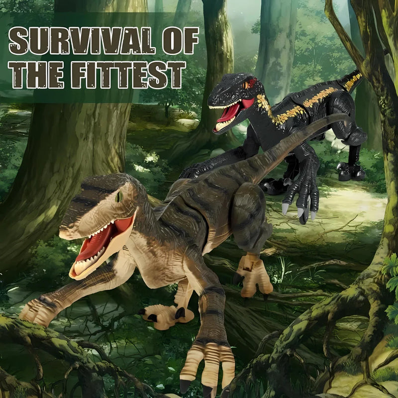 RC dinosaur toys in a jungle setting with a 'Survival of the Fittest' theme.