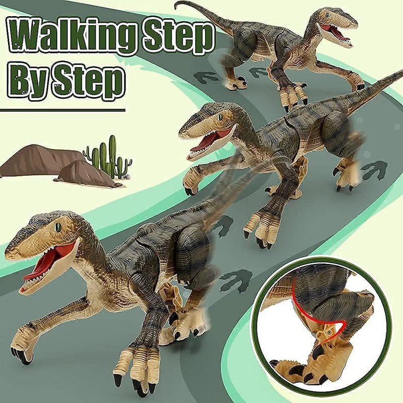 RC dinosaur toy showcasing walking motion with flexible joints and life-like movement.