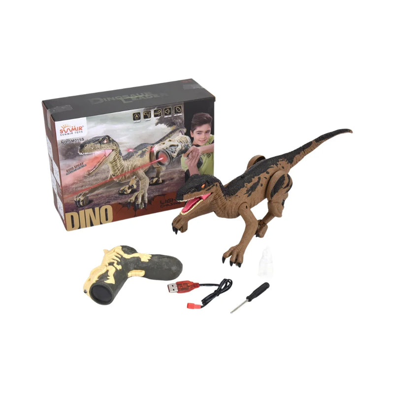 Remote-controlled dinosaur toy with packaging, fossil-shaped controller, USB cable, and assembly tools.