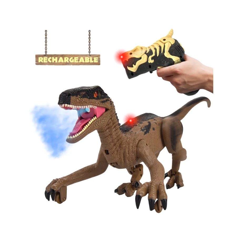 Remote-controlled dinosaur toy featuring a smoke effect, rechargeable with a fossil-shaped controller