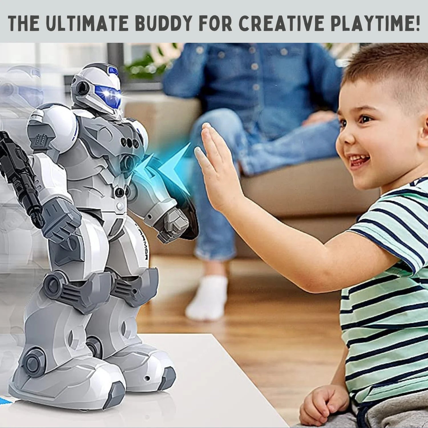 Young child playing with a remote control robot toy that uses gesture sensing to interact, offering a creative and interactive playtime experience.