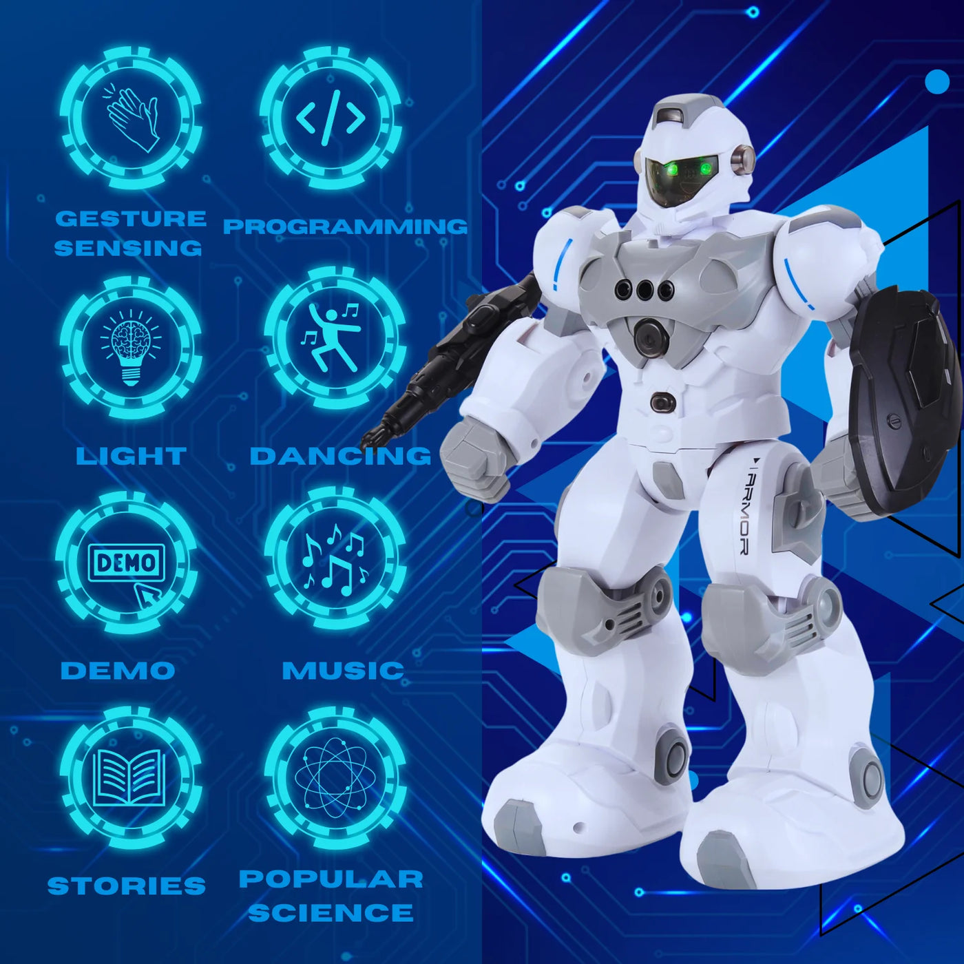 Remote control robot toy showcasing various advanced features such as gesture sensing, dancing, and programming options.