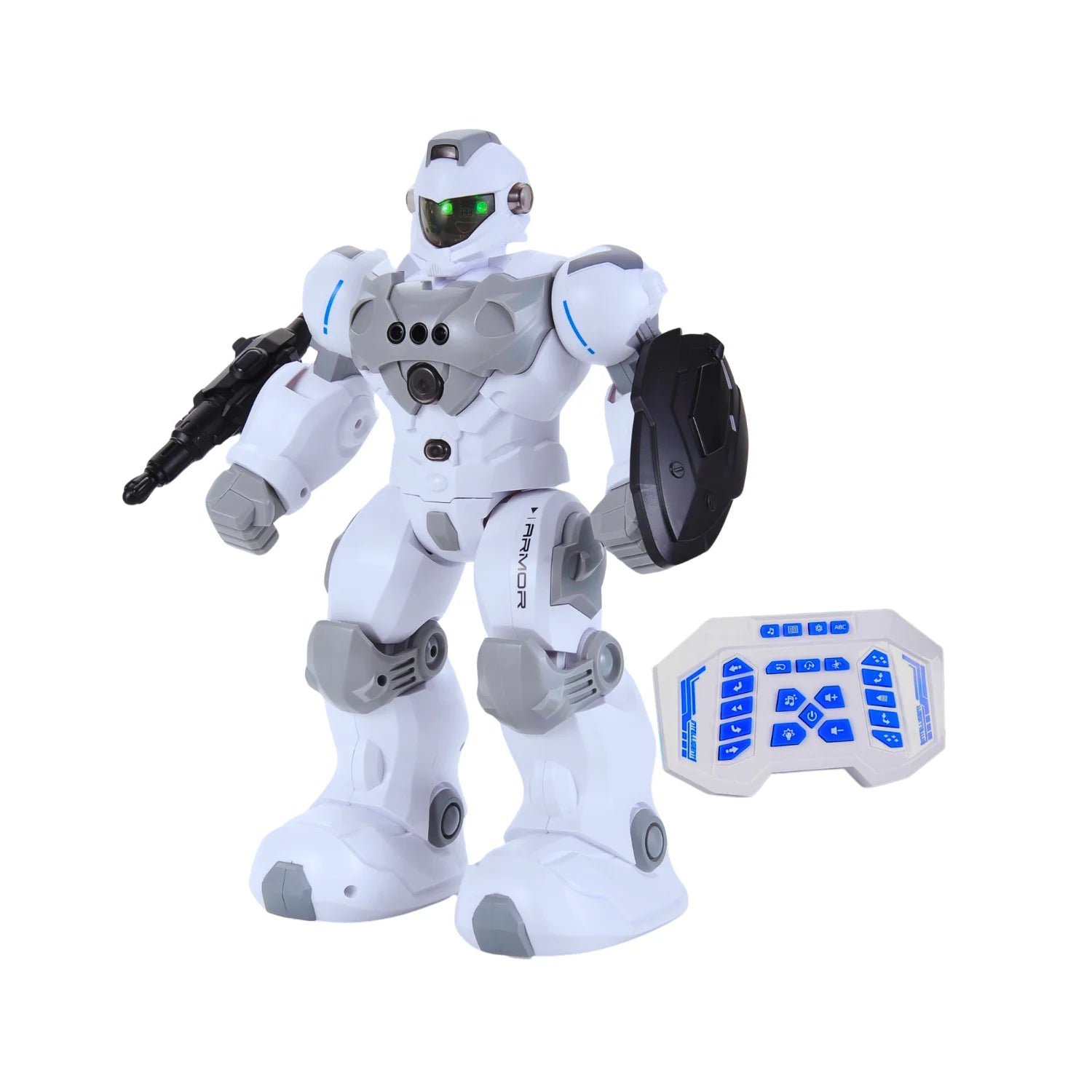 Remote control robot toy with a futuristic white and gray design, holding a shield and a gun, alongside a detailed blue remote controller.