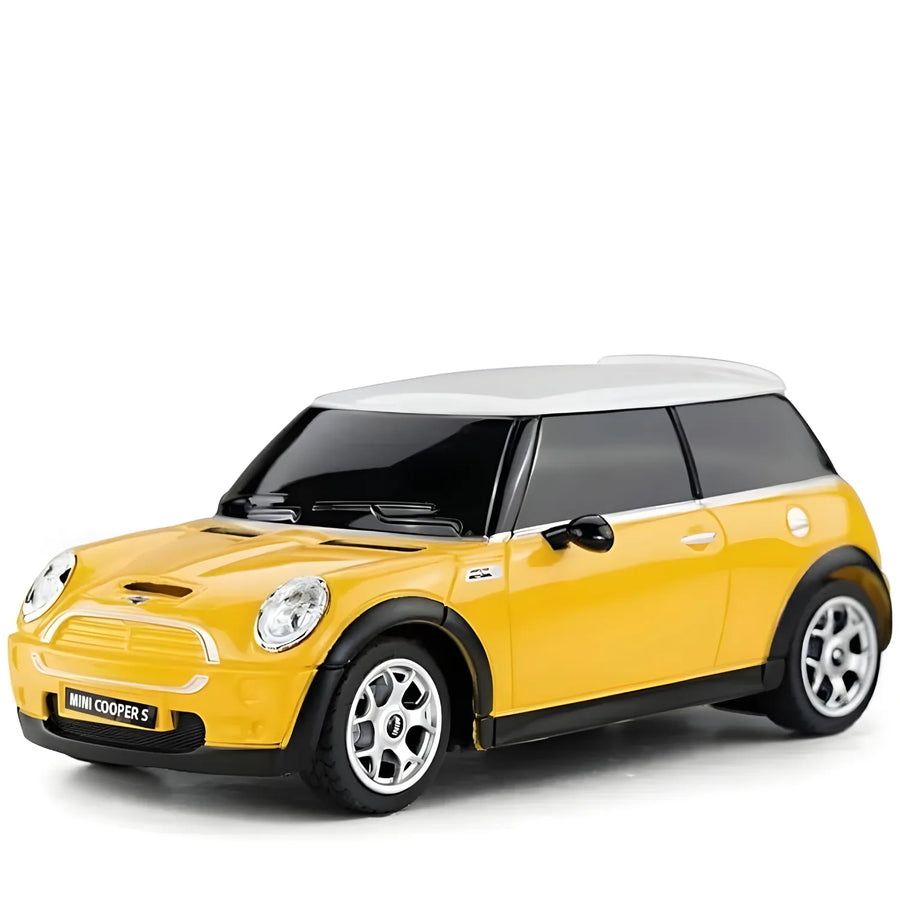 Yellow toy car with a white roof on a white background