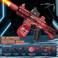 Red electric water gun with charging cable, battery, scope, water bomb drum, and water gun on a dark background.