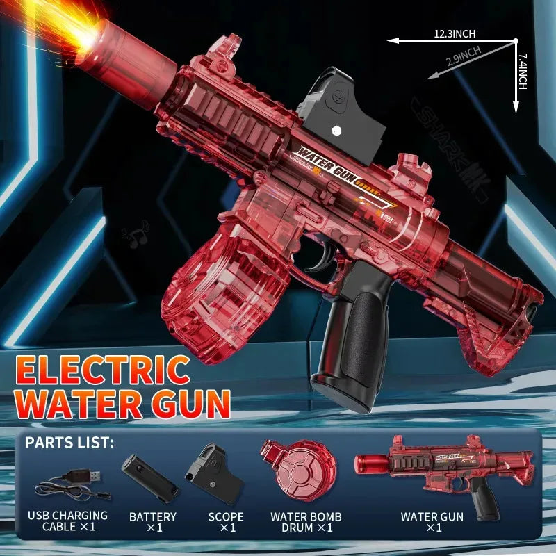 Red electric water gun with charging cable, battery, scope, water bomb drum, and water gun on a dark background.