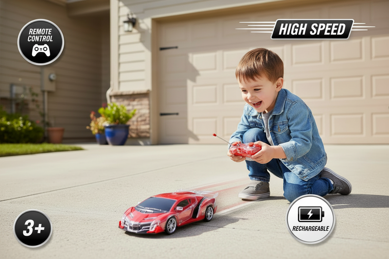 Child playing with a toy car on a driveway
