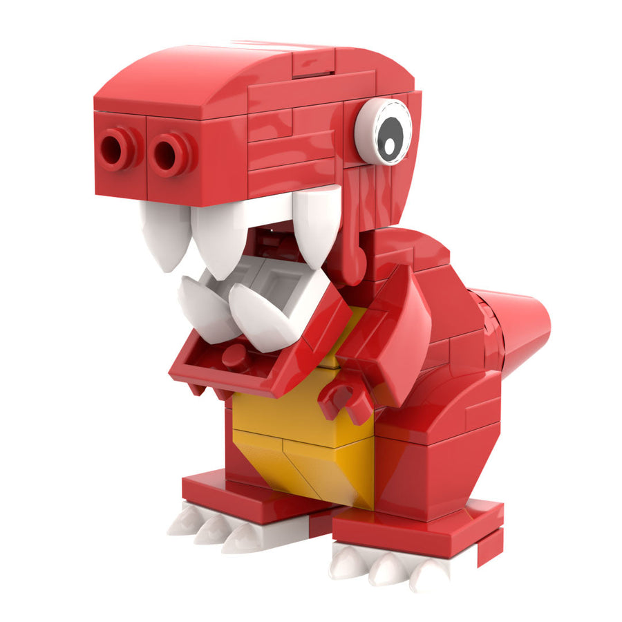 Red dinosaur-like toy made of interlocking bricks on a white background