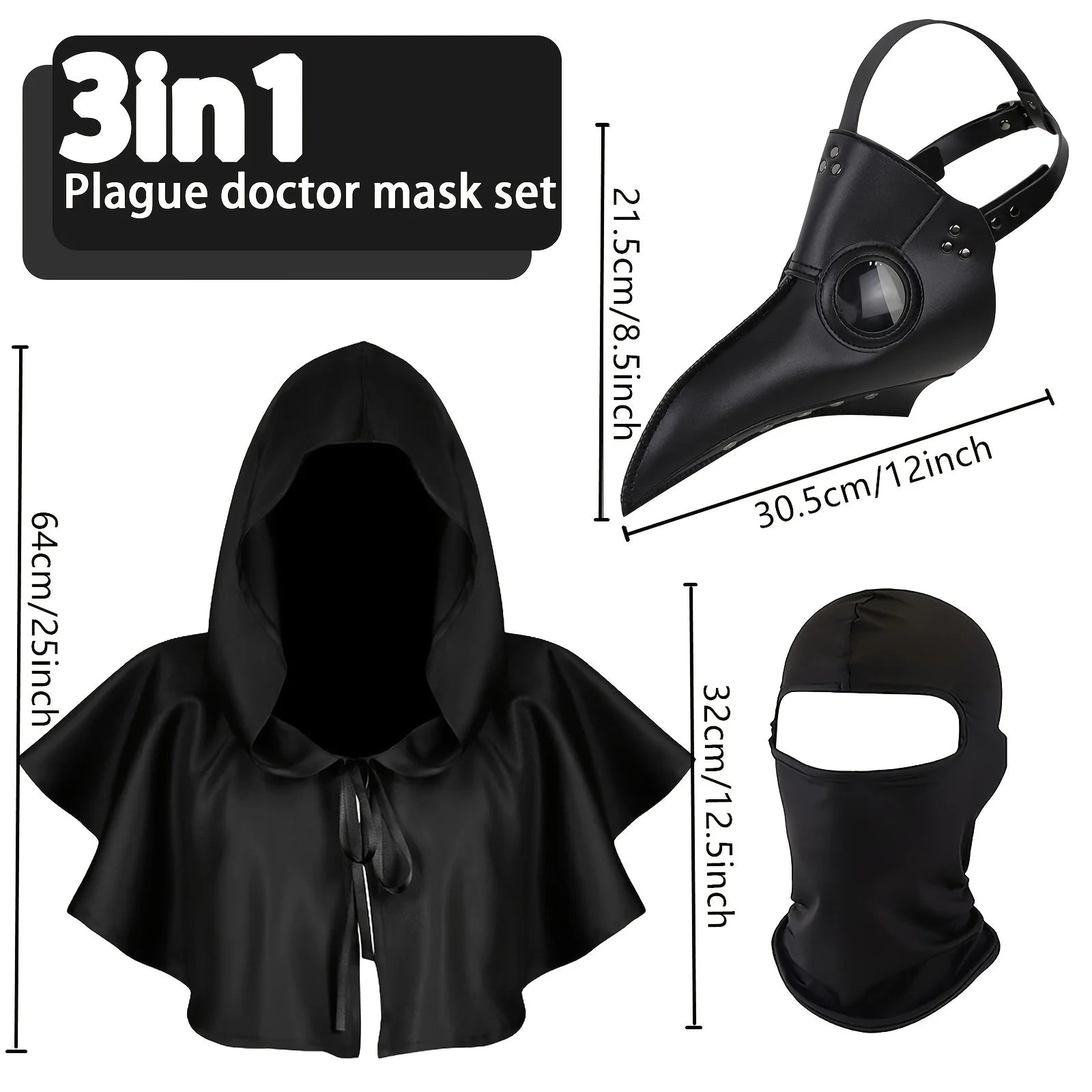 3pcs/set Halloween Plague Doctor Mask Plague Doctor Costume Steampunk Horror Scary Halloween Costumes for Adults Hockey mask