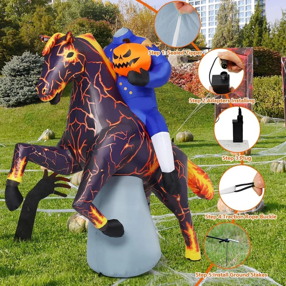 Halloween Inflatable Headless Knight, Outdoor Decoration, Lightning Racechalter with Built-in LED Lights, 6-foot Long