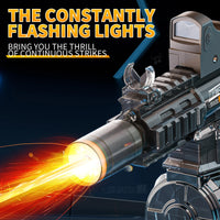 Weapon with glowing barrel and text about constant flashing lights on a dark background