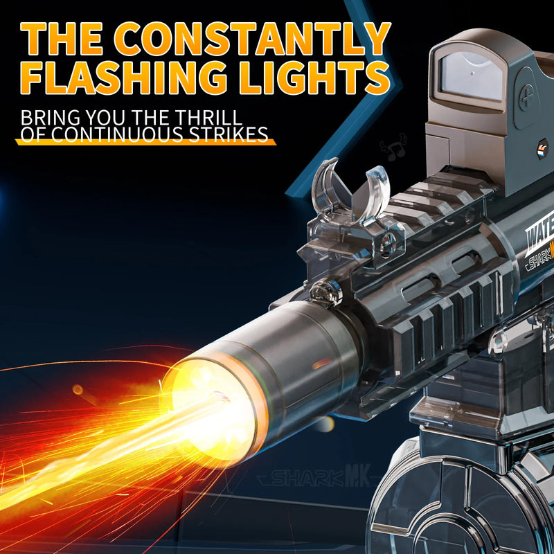 Weapon with glowing barrel and text about constant flashing lights on a dark background