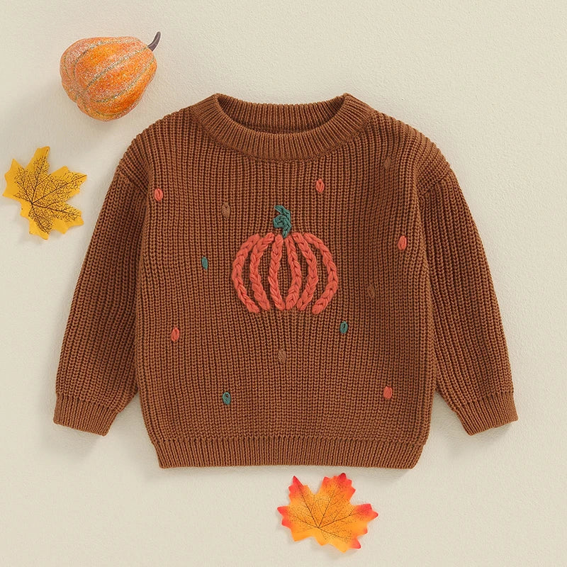 Lioraitiin Toddler Boy Girl Halloween Sweater Pumpkin Pattern Long Sleeve Round Neck Chunky Knitwear Pullover