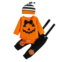 Qunq 2023 Autumn Boys Girls Halloween Costume Print Romper + Suspender Pants And Cap 3 Pieces Set Causual Kids Clothes Age 1T-3T