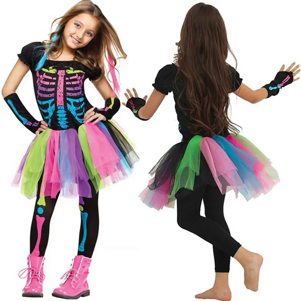 Halloween Rainbow Skeleton Girl Dress Colorful Skull Boy Costume Toddler Funky Punky Bone Cosplay Outfit Carnival Fancy Clothing