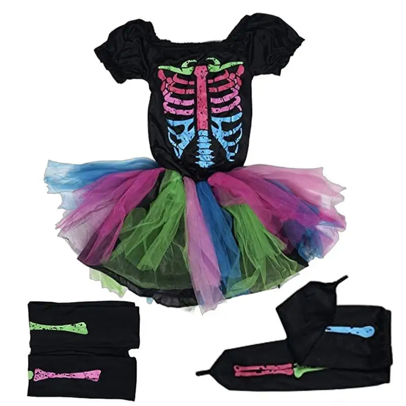 Halloween Rainbow Skeleton Girl Dress Colorful Skull Boy Costume Toddler Funky Punky Bone Cosplay Outfit Carnival Fancy Clothing