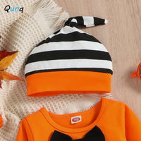 Qunq 2023 Autumn Boys Girls Halloween Costume Print Romper + Suspender Pants And Cap 3 Pieces Set Causual Kids Clothes Age 1T-3T