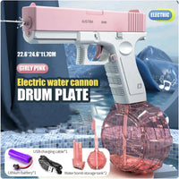 Electric water cannon with pink and white design, featuring text and product details on a blue background.