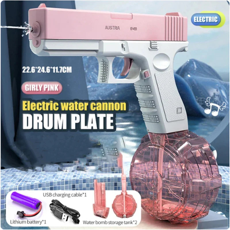 Electric water cannon with pink and white design, featuring text and product details on a blue background.