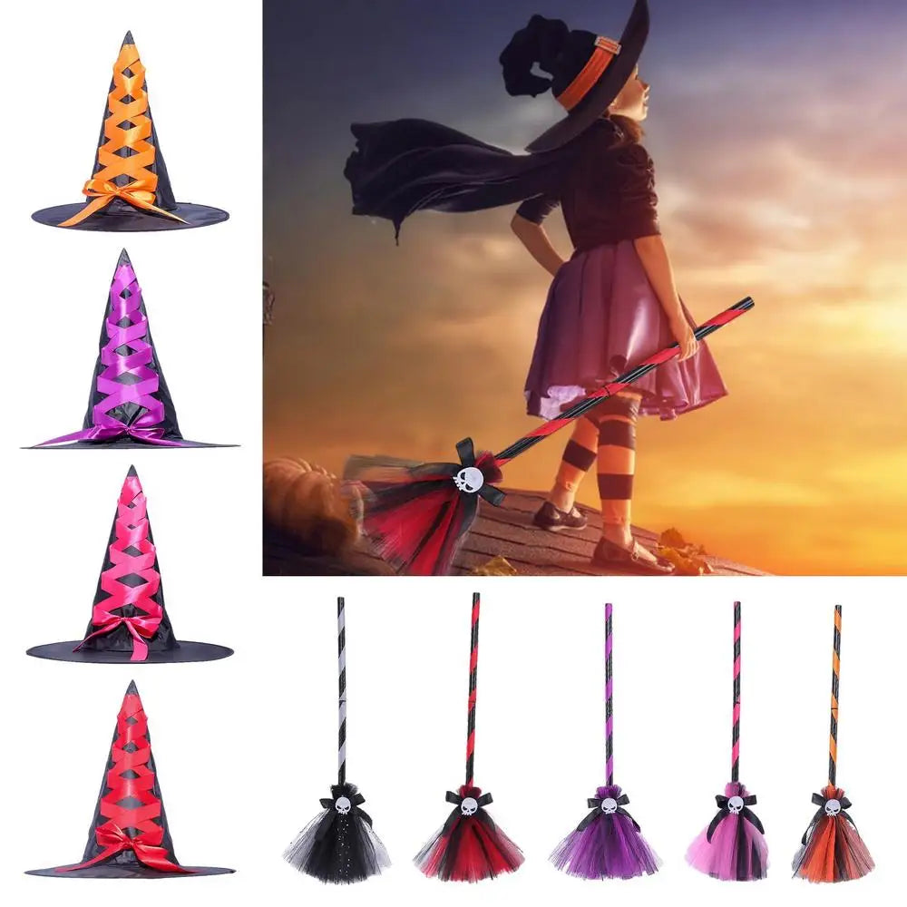 Halloween Witch Hat For Girls Halloween Fairytale Accessories Fancy Witch Dress Up Wizard Witch Hat Broom For Role-Play Cosplay