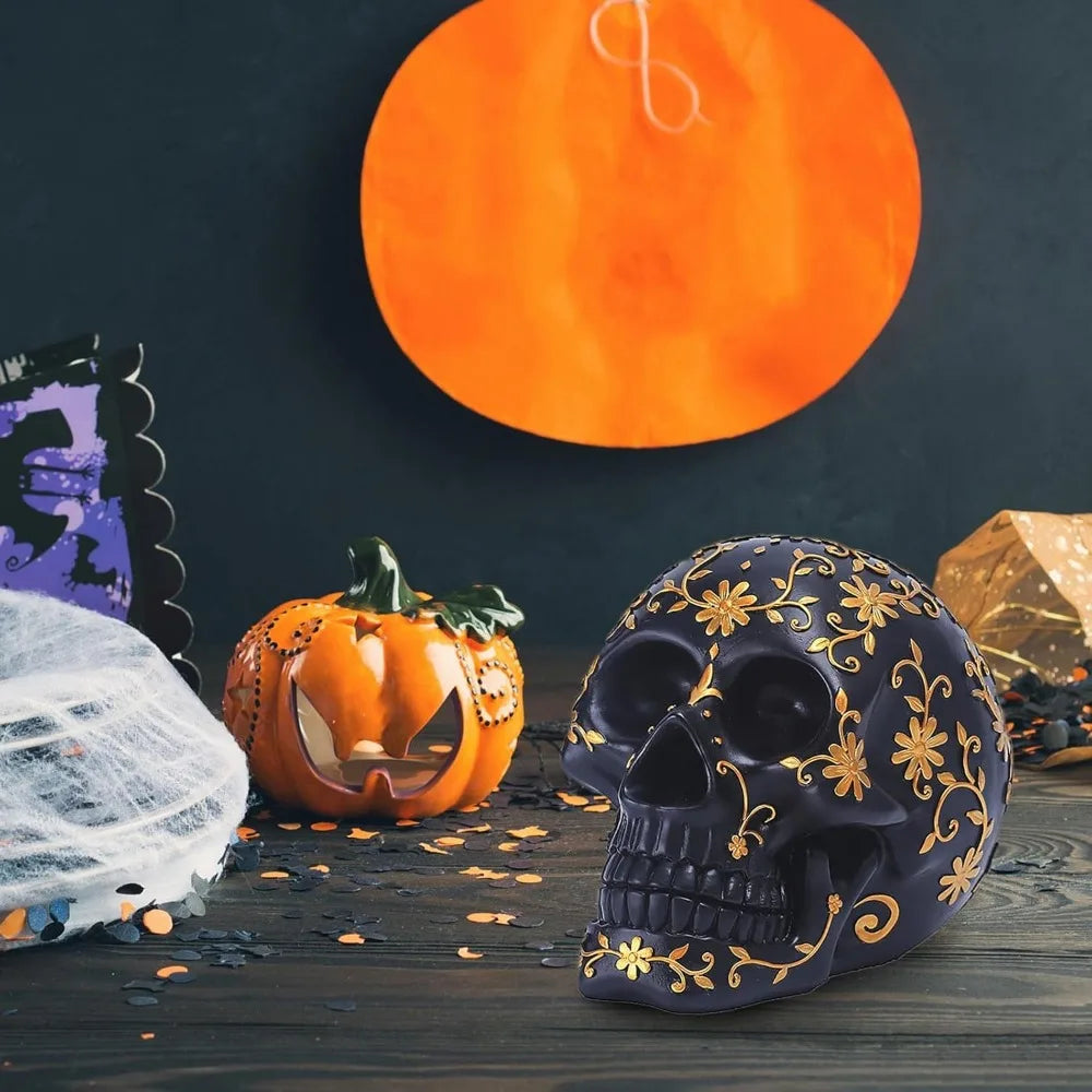 Halloween Skull Decoration with Gold Floral Design - Elegant Spooky Indoor & Outdoor Halloween Décor