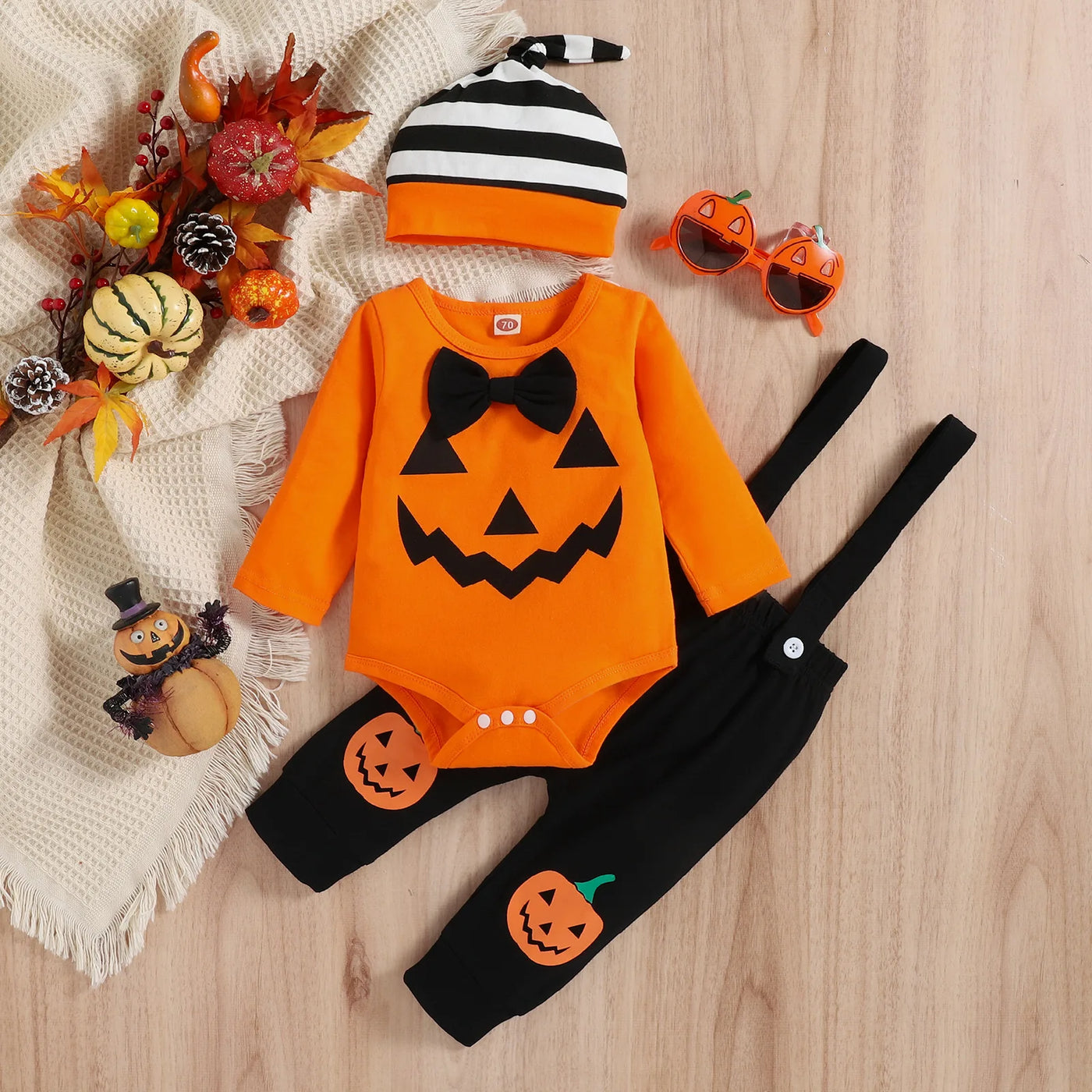 Qunq 2023 Autumn Boys Girls Halloween Costume Print Romper + Suspender Pants And Cap 3 Pieces Set Causual Kids Clothes Age 1T-3T