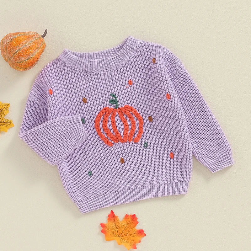 Lioraitiin Toddler Boy Girl Halloween Sweater Pumpkin Pattern Long Sleeve Round Neck Chunky Knitwear Pullover