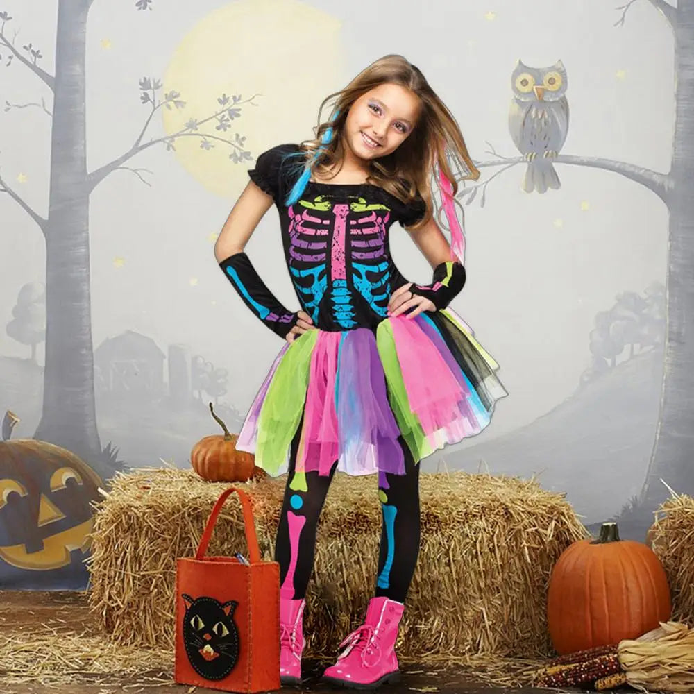 Halloween Rainbow Skeleton Girl Dress Colorful Skull Boy Costume Toddler Funky Punky Bone Cosplay Outfit Carnival Fancy Clothing