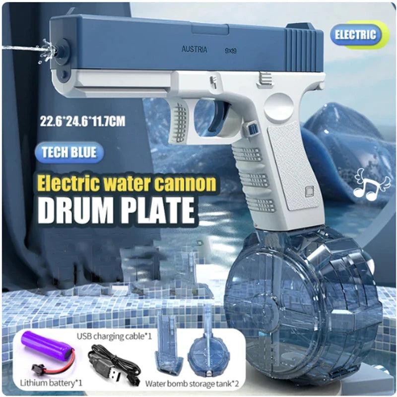 Electric water cannon with charging cable and battery on a blue background