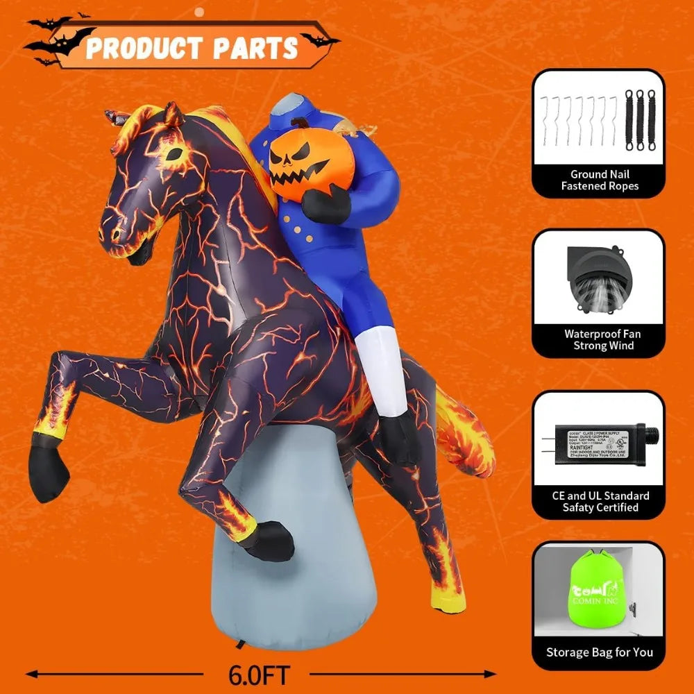 Halloween Inflatable Headless Knight, Outdoor Decoration, Lightning Racechalter with Built-in LED Lights, 6-foot Long