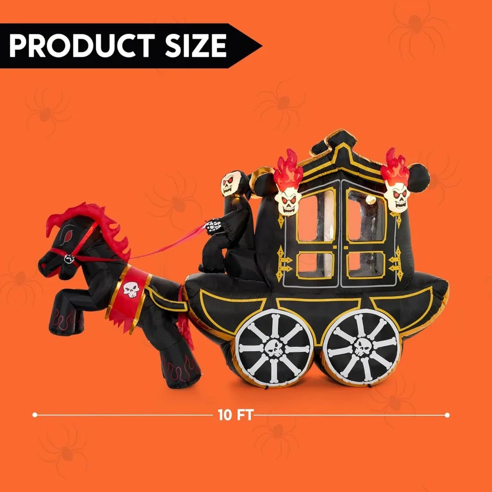 Halloween Inflatable Outdoor Decoration, Carriage, Built-in LED, Halloween Courtyard Toy, 10 Foot