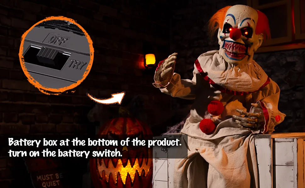 Electronic Sitting Clown with Terrifying Sounds, Glowing Eyes, Animation Decoration, Halloween