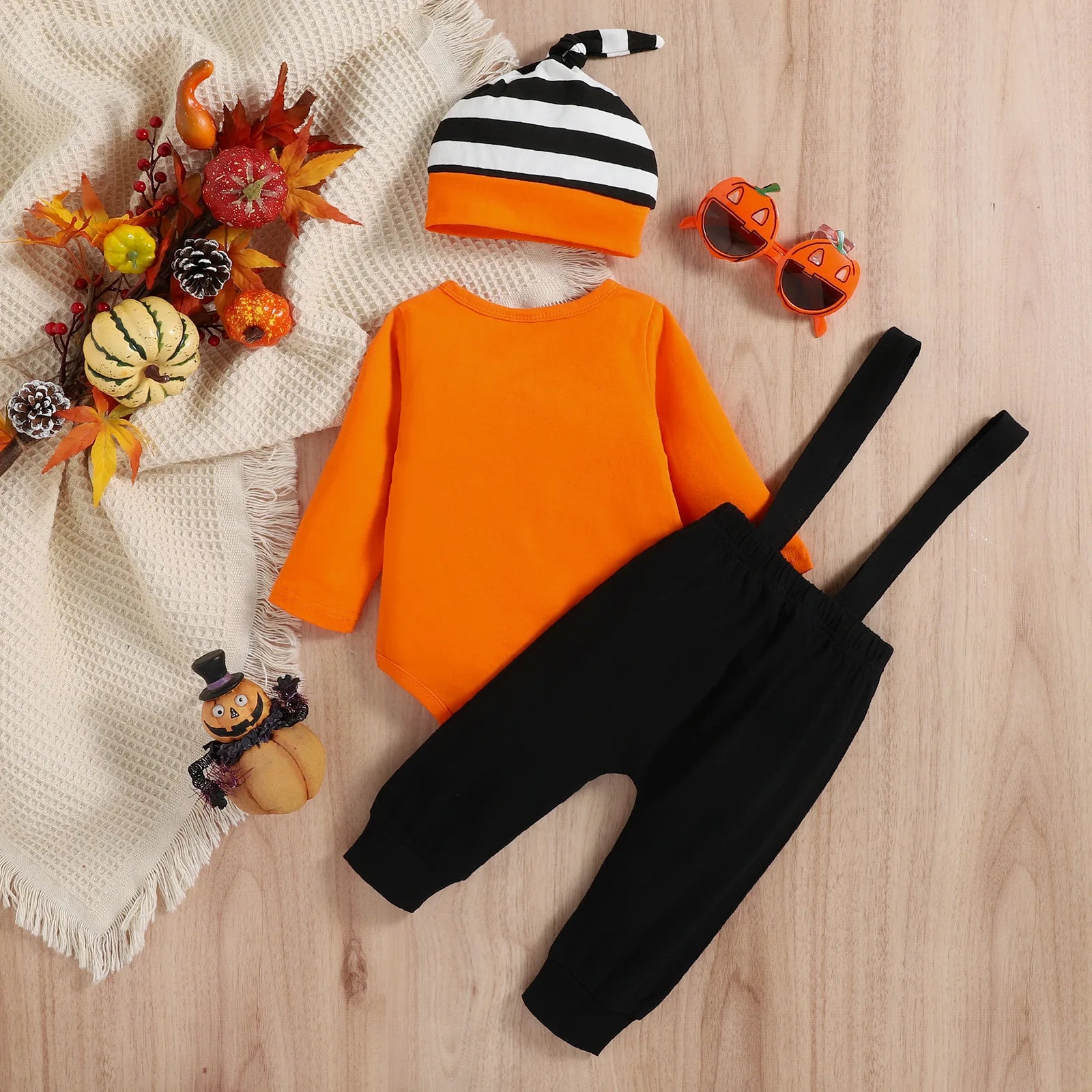 Qunq 2023 Autumn Boys Girls Halloween Costume Print Romper + Suspender Pants And Cap 3 Pieces Set Causual Kids Clothes Age 1T-3T