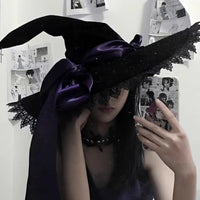 Handmade Lace Witch Pointed Hats Bandage Bow Wizard Hat Adult Gothic Lolita Cosplay Costume Accessories Halloween Party Hat