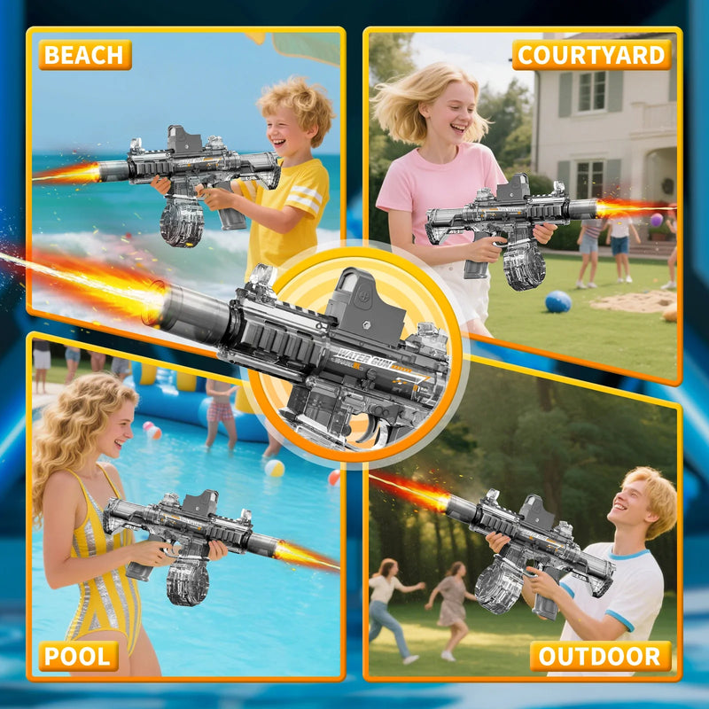 Children playing with toy guns in various outdoor settings.