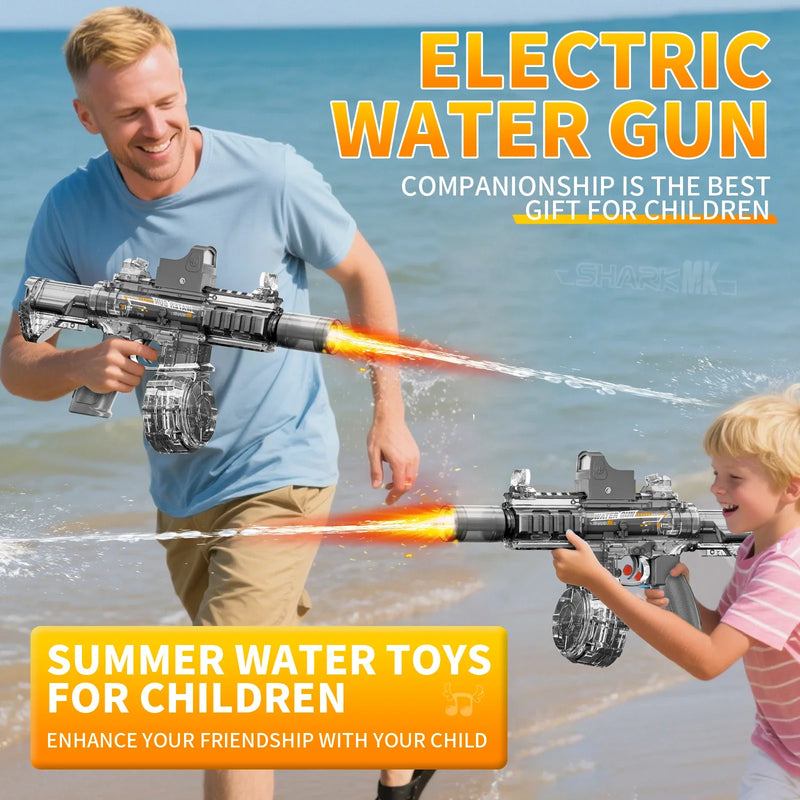 Man and child playing with electric water guns on a beach, with text about summer water toys for children.