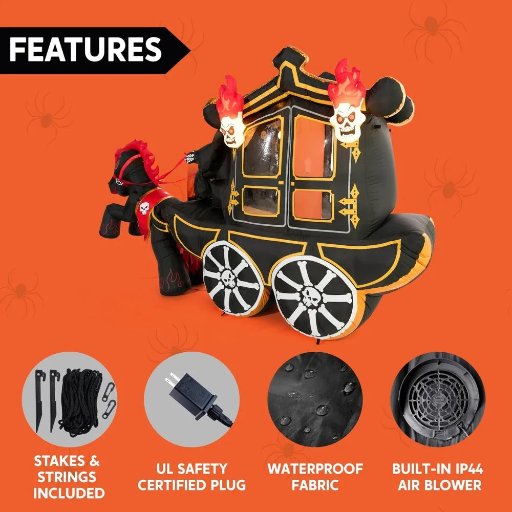 Halloween Inflatable Outdoor Decoration, Carriage, Built-in LED, Halloween Courtyard Toy, 10 Foot